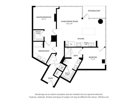 Floor plan for 2 beds, 2 baths, 1224 sqft